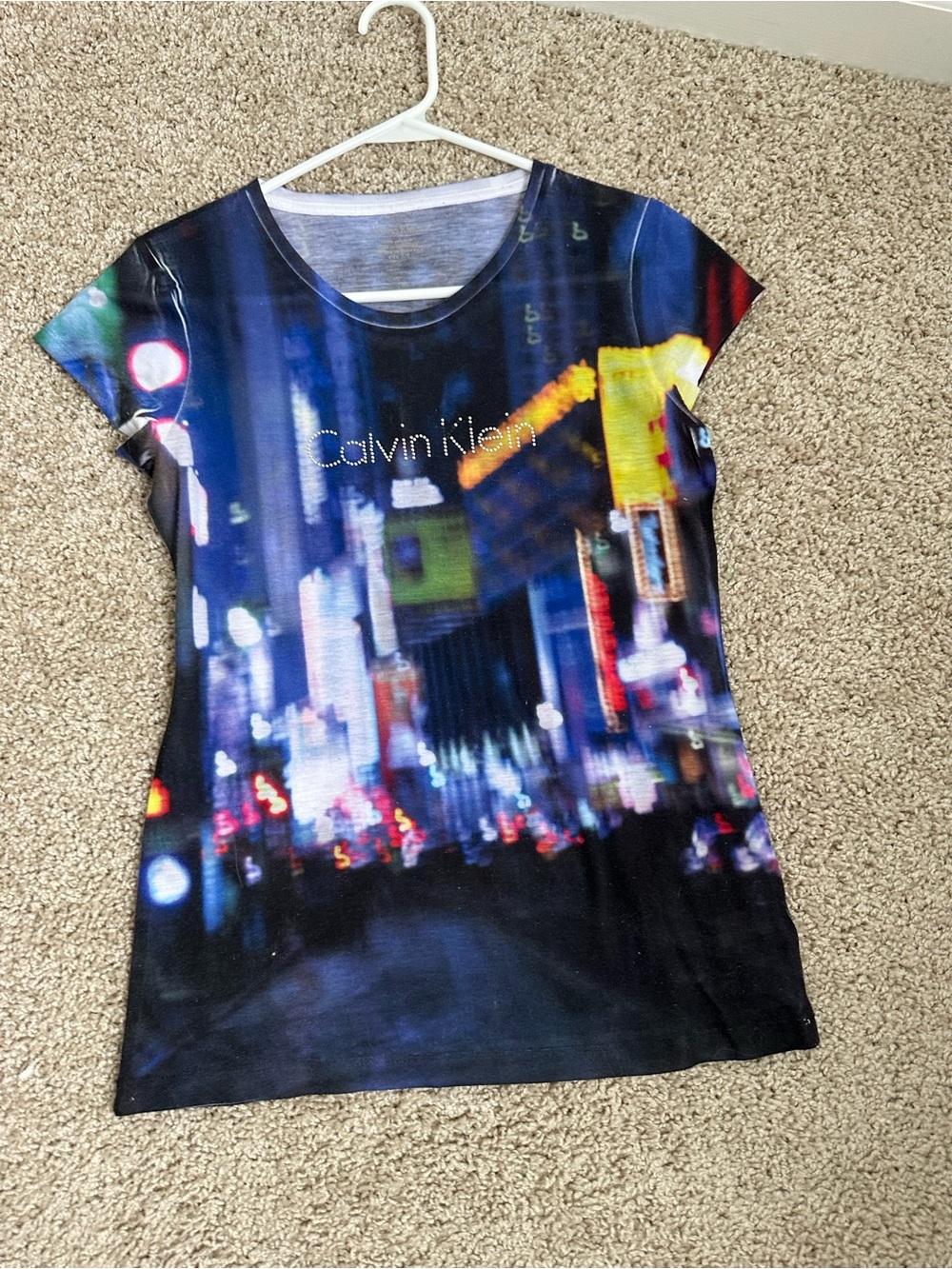 Calvin Klein Women's Navy & Multicolor City-Print Short Sleeve Tee